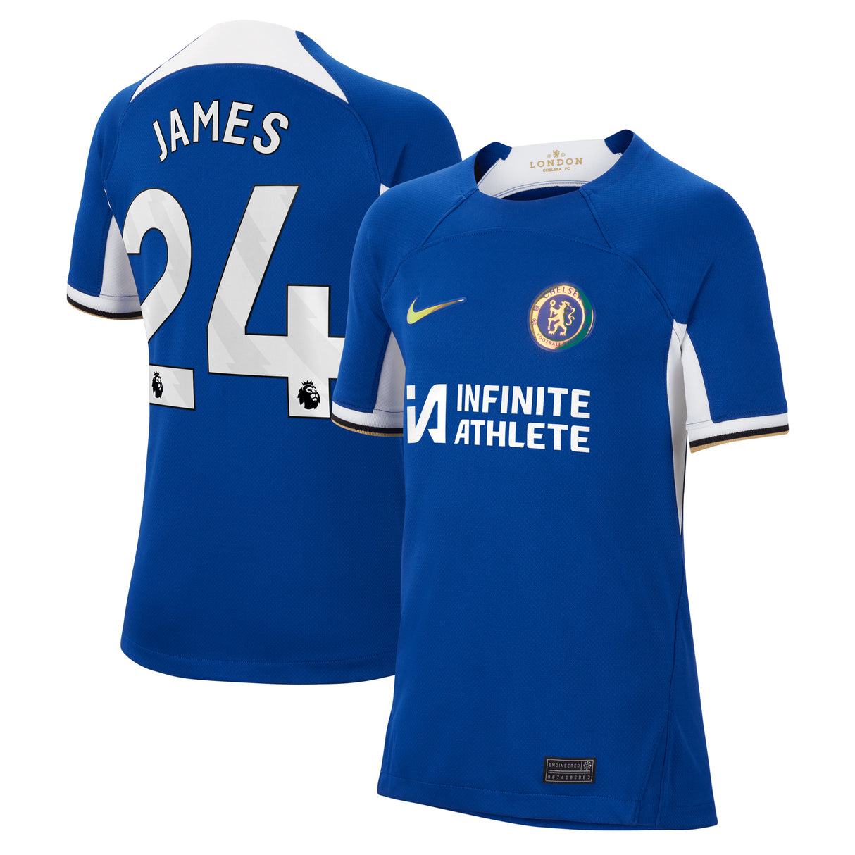 Chelsea Nike Home Stadium Sponsored Shirt 2023-24 - Kids with James 24 printing