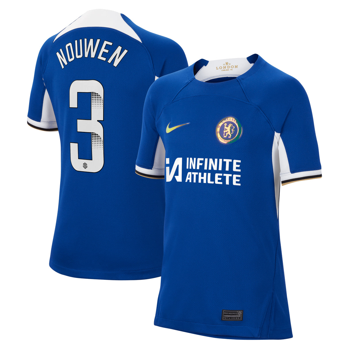 Chelsea WSL Nike Home Stadium Sponsored Shirt 2023-24 - Kids with Nouwen 3 printing