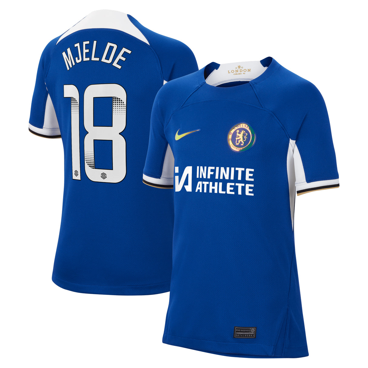 Chelsea WSL Nike Home Stadium Sponsored Shirt 2023-24 - Kids with Mjelde 18 printing