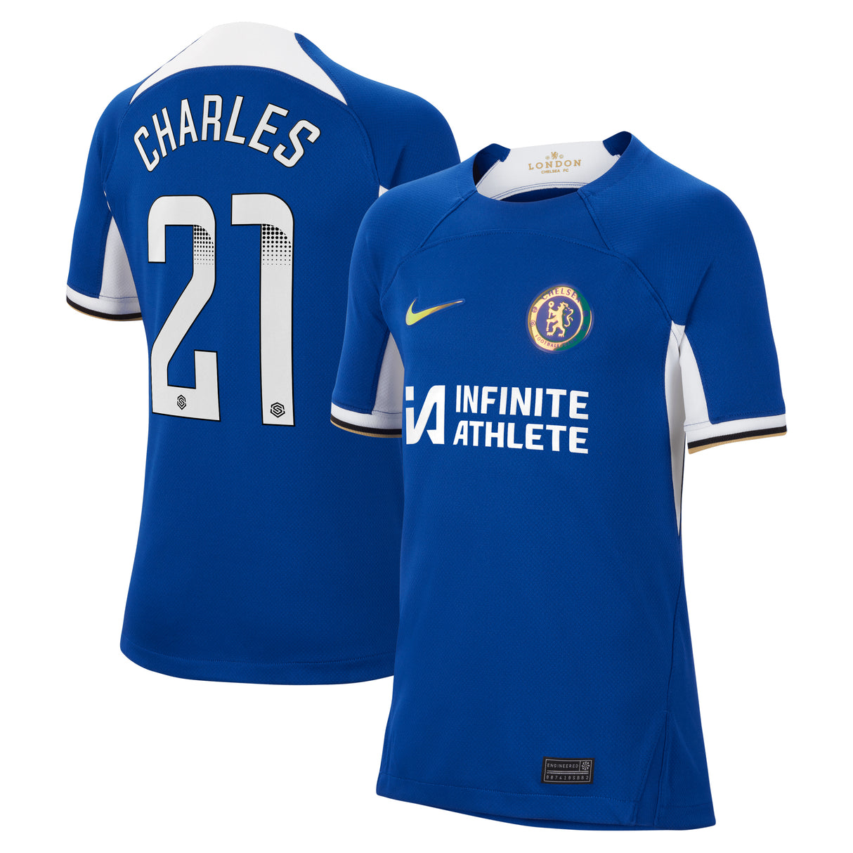 Chelsea WSL Nike Home Stadium Sponsored Shirt 2023-24 - Kids with Charles 21 printing