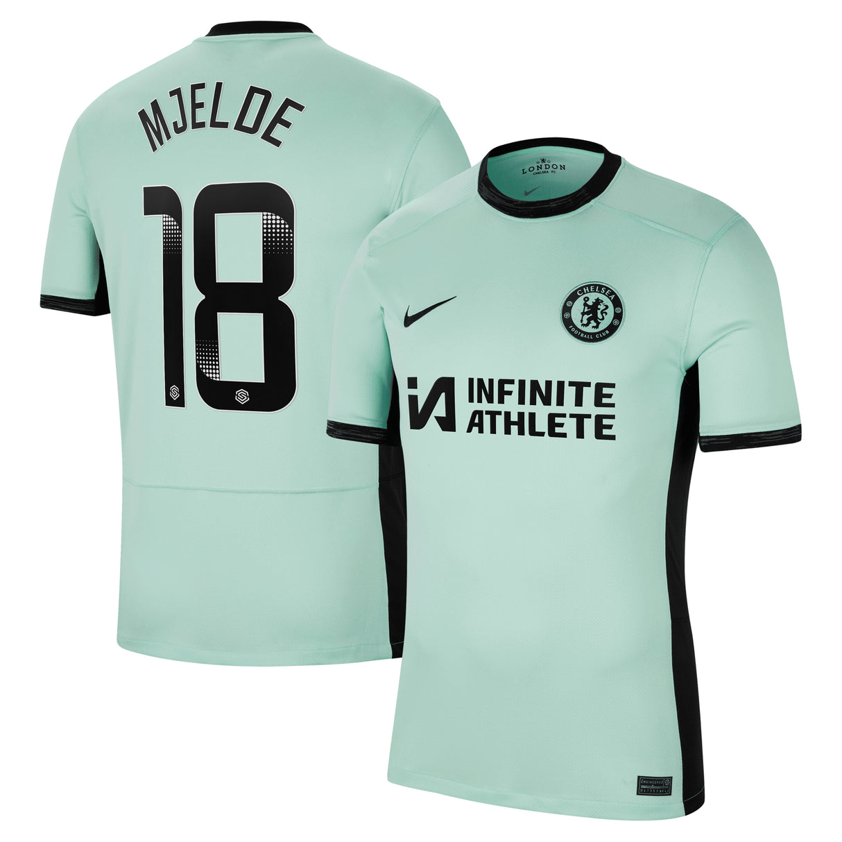 Chelsea WSL Nike Third Stadium Sponsored Shirt 2023-24 with Mjelde 18 printing