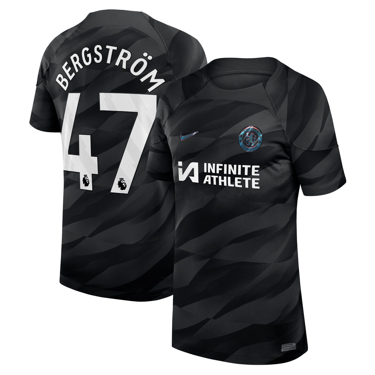 Chelsea Nike Goalkeeper Stadium Sponsored Shirt 2023-24 -Kids with Bergström 47 printing - Kit Captain